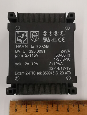 Print Trafo BV UI 395 0091 : überzogen; 24VA; 115VAC; 12V; 12V; 1000mA; 1000mA