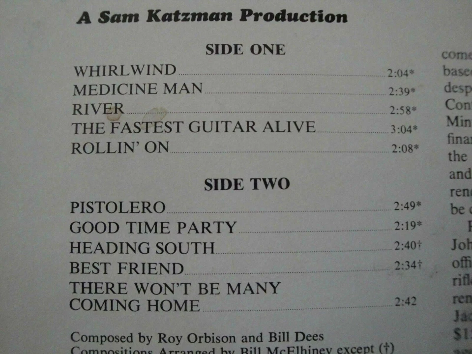 SOUND TRACK STARRING ROY ORBISON THE FASTEST GUITAR ALIVE VINYL LP 1967 MGM REC. - Image 3 of 3