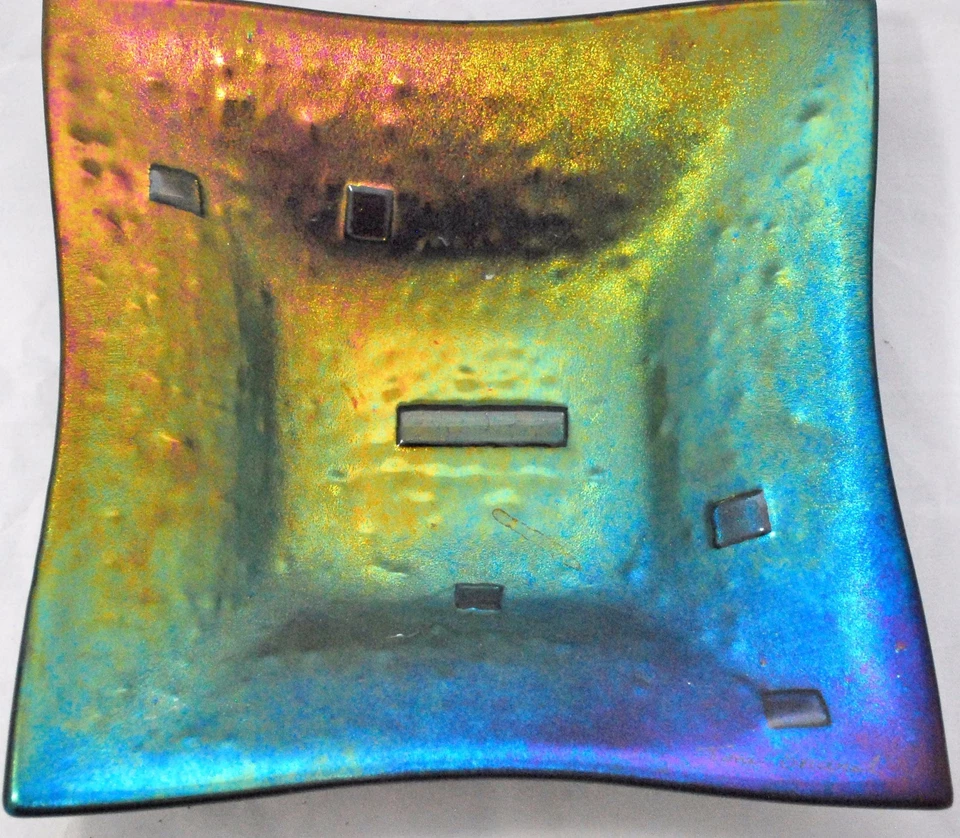 Black iridescent metallic glass modern square plate bowl SIGNED Snarud NORWAY - Image 2 of 4
