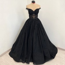 Black Wedding Dresses Beaded Applique Off Shoulder Tulle Lace Up Back Ball Gowns