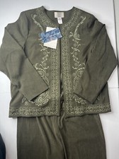 SUSAN GRAVER STYLE Embroidered Open Hook/Eye Front Green Jacket XL W/ Pants
