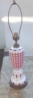 Vintage Bohemian Czech White Cut to Red Cranberry Glass Table Lamp /Light