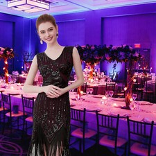 Women V Neck Beaded Fringed Dress 1920s Great Gatsby Party Dress