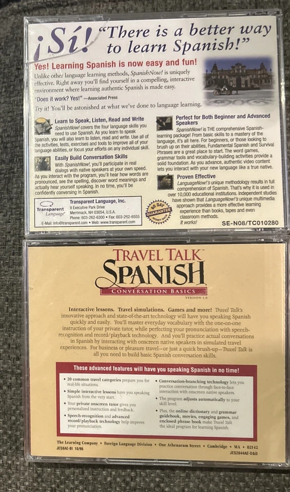 Travel Talk Spanish 1996 & Learn Spanish Now 2000 Sealed Vintage PC Software - Image 2 of 2