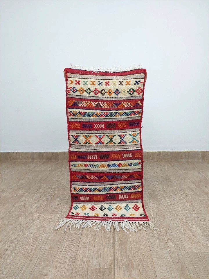 Moroccan Vintage Sabra Kilim Rug Tribal Berber Hand Woven Red Wool Carpet 1x3 Ft - Image 2 of 4