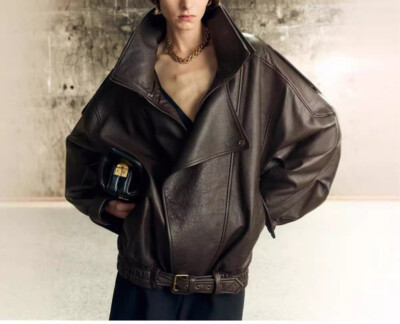 British Lambskin Double Collar Leather Jacket Lady Autumn Genuine