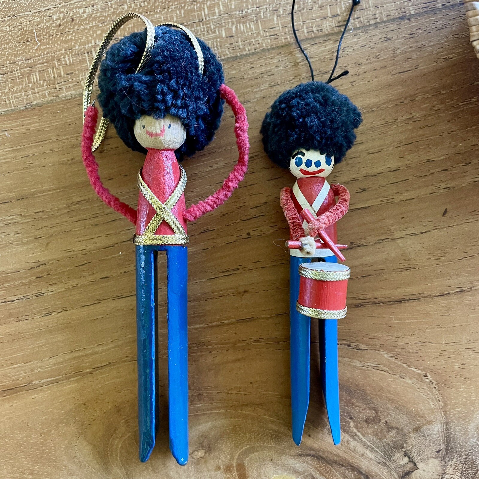 Vintage 2 Wooden Clothes Pin Nutcrackers Drummer Soldiers Christmas Ornaments