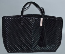 VICTORIA'S SECRET BLACK V-QUILT EVERYTHING TOTE PURSE HAND BAG LARGE METALLIC