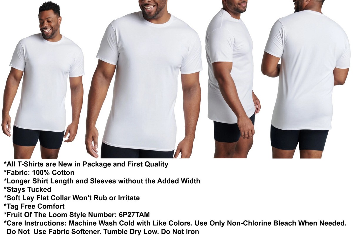 6 White Tall Man XLT 46-48 Inch Crew Neck T-Shirts Fruit Of The