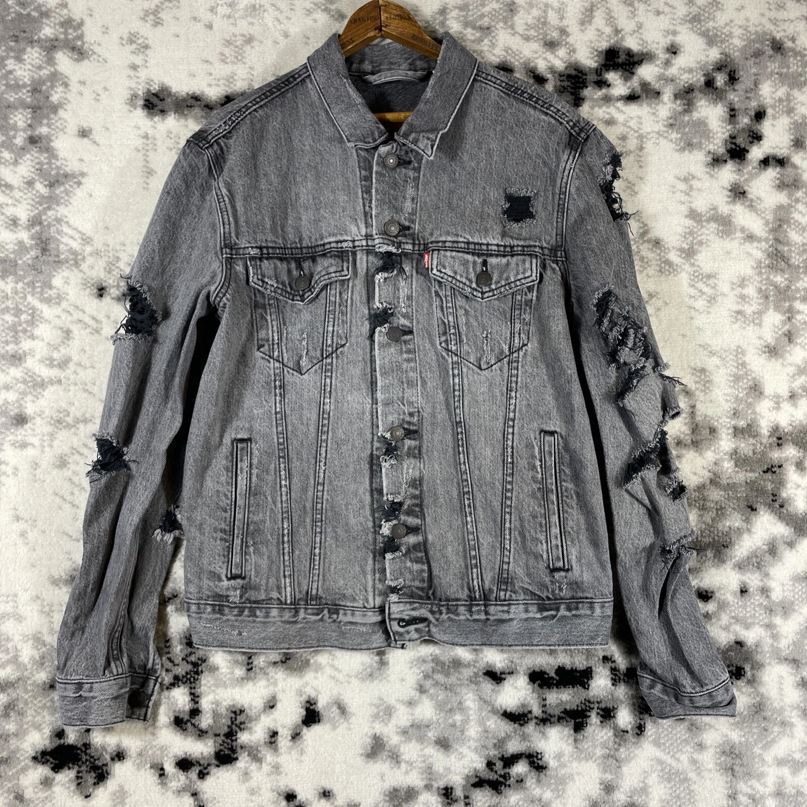 Levis Denim Jacket Mens Size Medium Light Wash Gray Destroyed Grunge Skater
