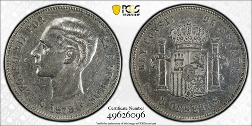 1878-DEM (1878) Spain 5 Pesetas PCGS AU Cleaned
