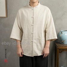 Chinese Tang Suit Men Half Sleeve Shirt Hanfu Top Retro Kung Fu Tai Chi Jacket