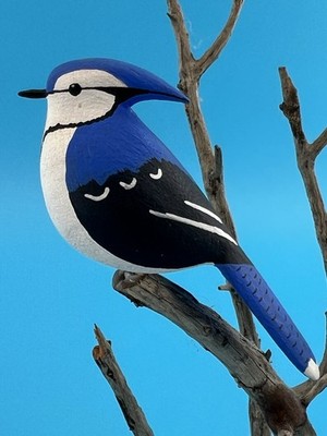 Beautiful Hand Carved Hand Painted Wooden Blue Jay Bird Sculpture on a Driftwood