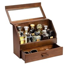 Cologne Organizer for Men - Dustproof Stand with Drawer, Wood Perfume Stand O...