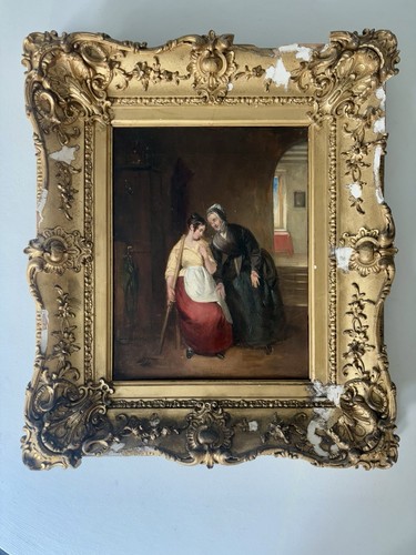 Antique Oil On Canvas Painting In Thick Giltwood Frame Two Ladies 1800’s