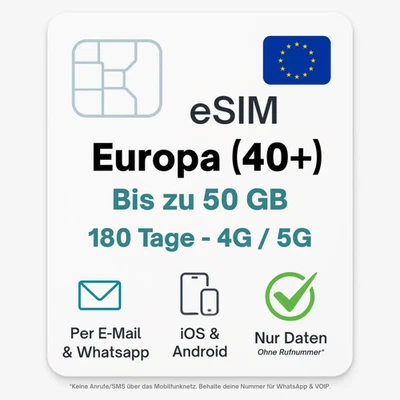 Europa eSIM (über 40 Länder) Datentarif digitale e SIM - per Mail- ohne Telef... - Bild 1 von 4