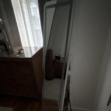 LED Lighted Full-Length Leaning Floor Mirror, White Framed Vertical Rectangle