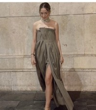 ZARA NEW WOMAN MIDI PLEATED WRINKLED DRESS ZW COLL. LIGHT KHAKI 2488/331/506  M