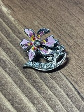 Vintage Enamel Flower Brooch Pin   Pink  Yellow Hand Painted Rhinestones
