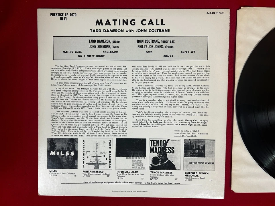 Tadd Dameron With John Coltrane – Mating Call - 1986 - EX / VG+ - Image 3 of 4