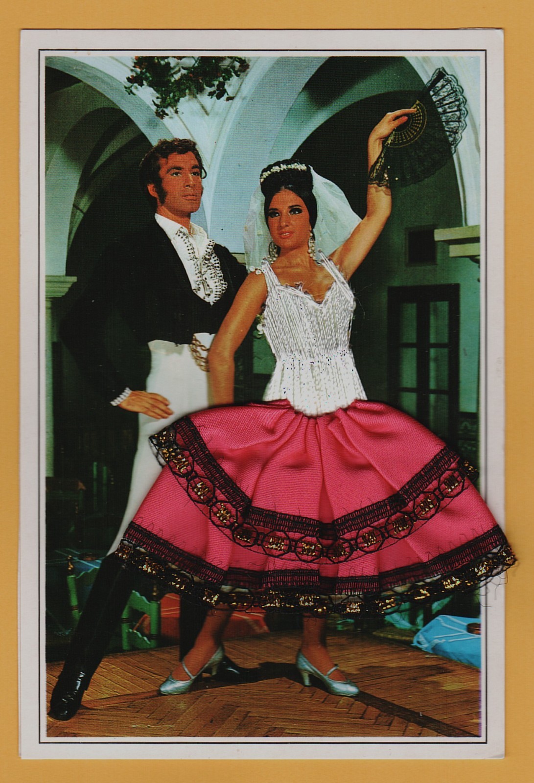 Encantadora Dama Postal Española Bailarines Flamencos Pareja Tela Falda Aplique