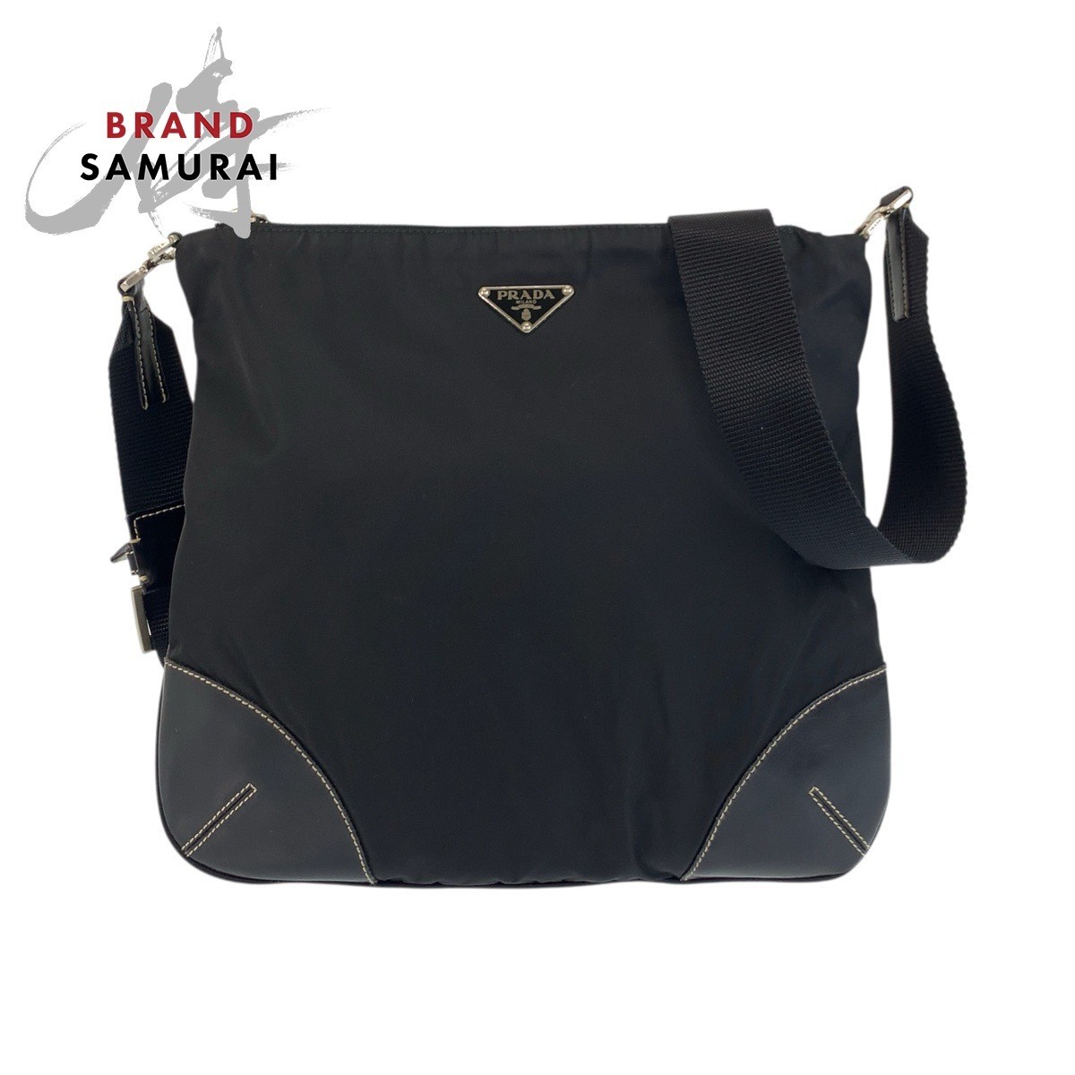 Prada Tessute Triangle Black Silver Metal Nylon Leather Shoulder Bag Pochette