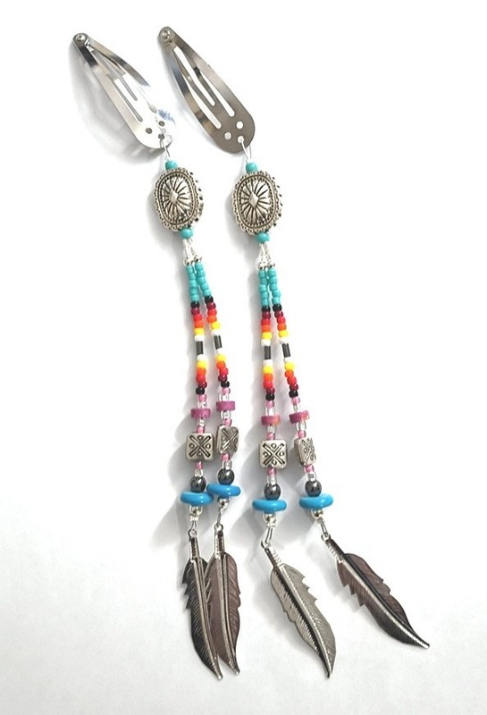 Super Pretty Hair Clip Pair w/Beaded Trailers and Silver Feathers