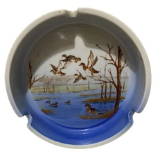 Vintage Otagiri Ducks Flying and on Water Round Ceramic 3 Slot Ashtray
