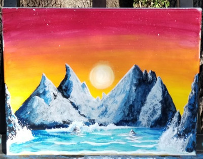 Original Landscape Sunny Mountain Waves 14x11 Modern Art Acrylic Canvas