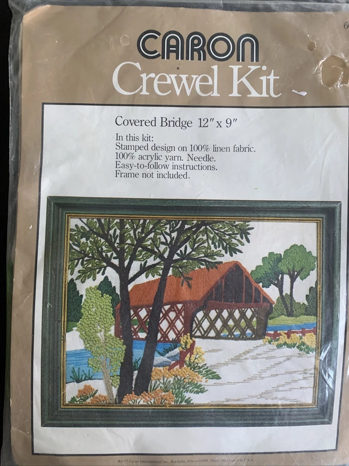 Covered Bridge in Summer Vintage Linen Crewel Kit Caron NIP 12x9 - Image 2 of 4