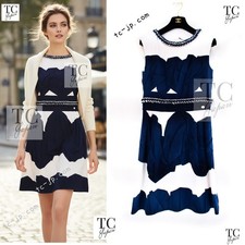 CHANEL 14S White Navy Blue Silk Cotton Pleated Dress Karl Lagerfeld 38 US6