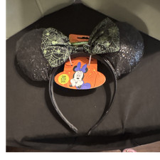 Disney Minnie Mouse Halloween Headband Glow in the Dark Black Glitter Green Bow