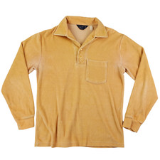 Vintage Velour Polo Shirt Men Medium 70s Long Sleeve JCPenney Tan Velvet Disco