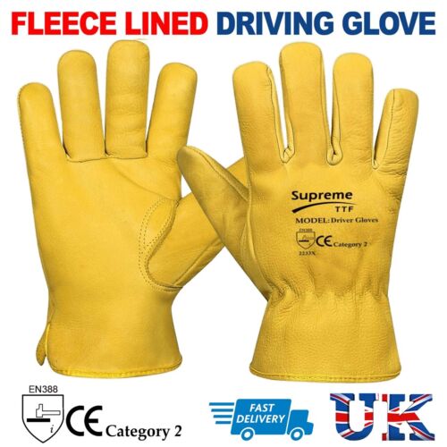 Yellow Leather Driver Work Gloves Fleece Lined Gardening Lorry Truck Driving - Picture 1 of 10