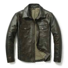 Mens Classic Olive Green Leather Shirt. Real Soft Sheepskin Biker leather Shirts