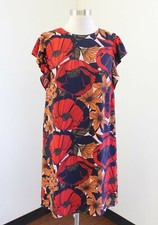 Ann Taylor Loft Red Orange Floral Print Ruffle Sleeve Shift Dress Size PS SP