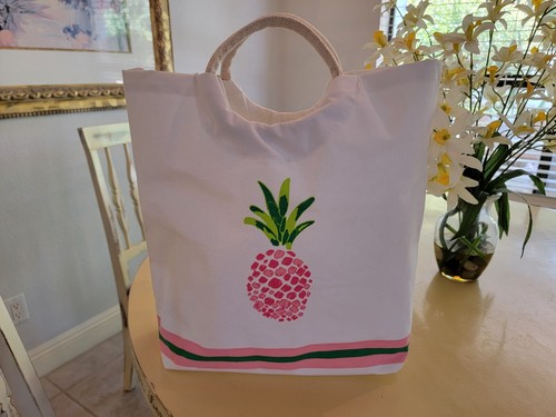 NWT Royal Standard White Cotton Beach Bag with Pineapple Motif & Canvas Handles - Imagen 1 de 9