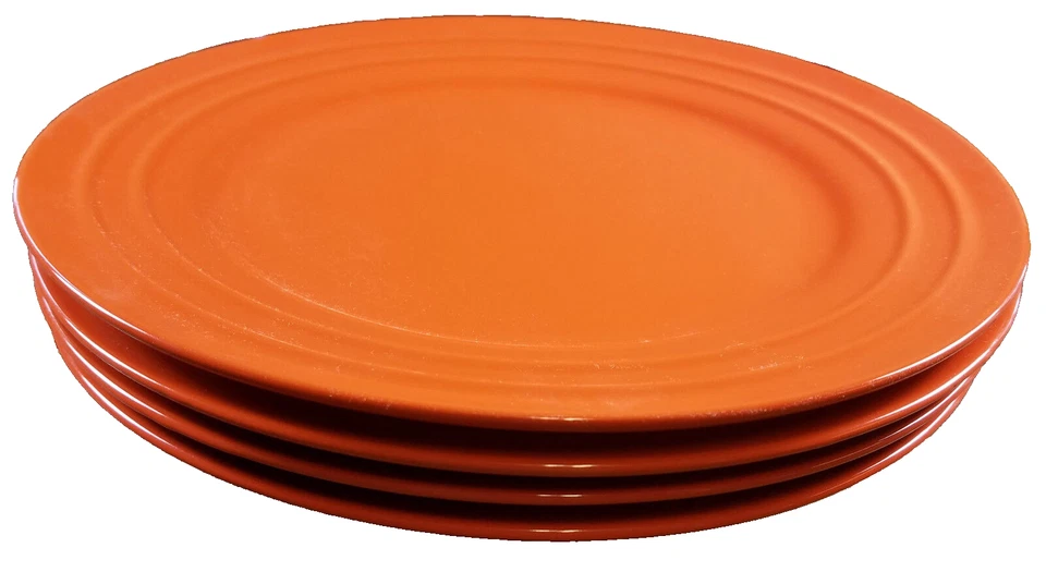 4 PC RACHAEL RAY DOUBLE RIDGE ORANGE BANDS MEYER STONEWARE 10 7/8" DINNER PLATES - Image 2 of 4