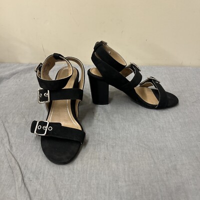 Vionic Carmel Sandal Womens Size 6 Black Suede Ankle Strap Chunky Heels Fs Chrty