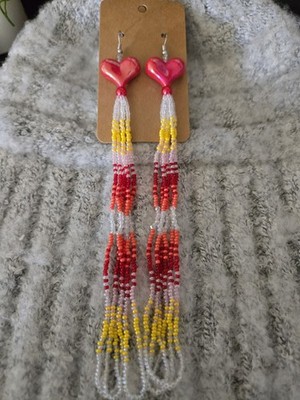 Native American Beaded Tassel Earrings, With A Heart Charm, Multicolor Beads