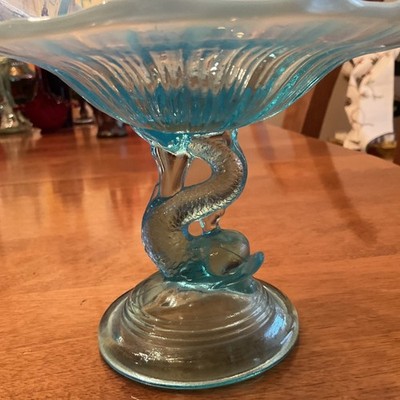 Antique Blue Opalescent Glass Dolphin Fish Compote Candy Dish 