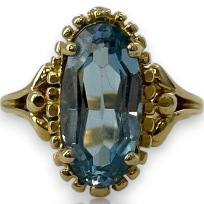 1970-80s Victorian Revival 14kt Yellow Gold Lab Spinel Long Oval Solitaire Ring