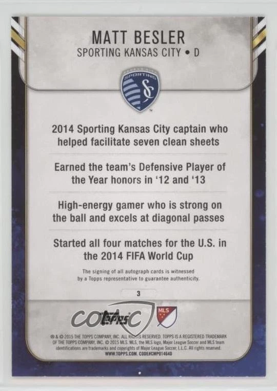 2015 Topps Apex Orange Auto /25 Matt Besler #3 Auto - Image 2 of 2