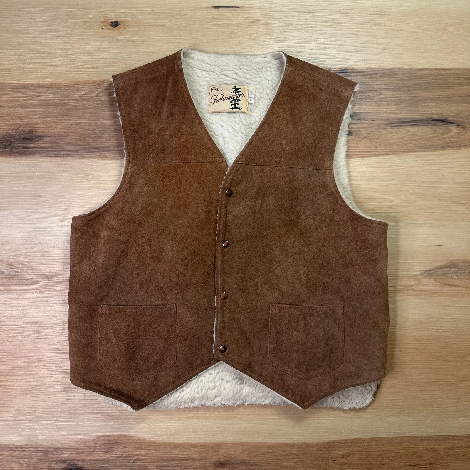 Vintage Sears Fieldmaster Sherpa-Lined Suede Vest Mens Western Leather Large
