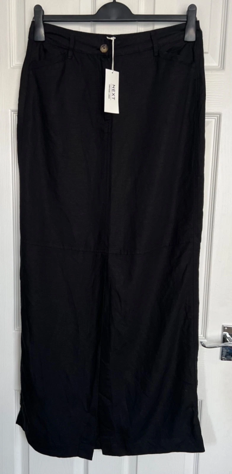 NEW NEXT Ladies Black Linen Blend Midi Column Skirt with Slit Sizes 14T & 16