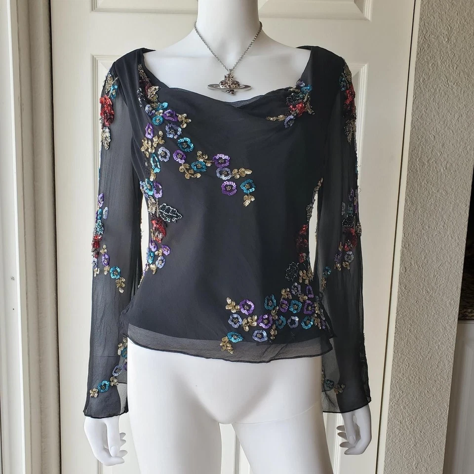 Newport News 100% Silk Black Women's Cowl Neck Sequin Long Sleeve Top - Image 2 of 4