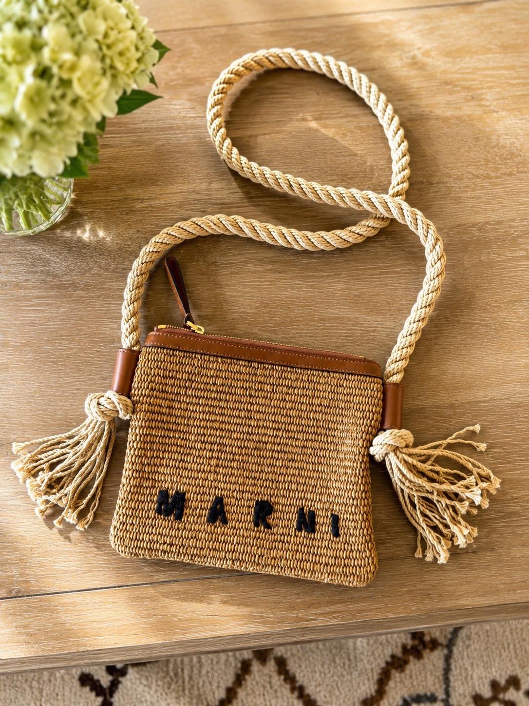 NWT NEW Marni Beige brown woven Raffia Logo shoulder bag