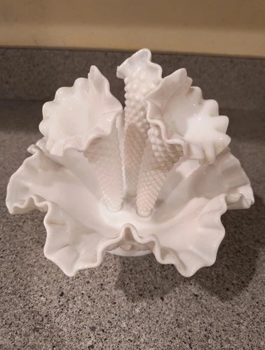 Vintage Fenton Epergne Trumpet Vase Hobnail 3 Horn Ruffled Bowl Milk Glass