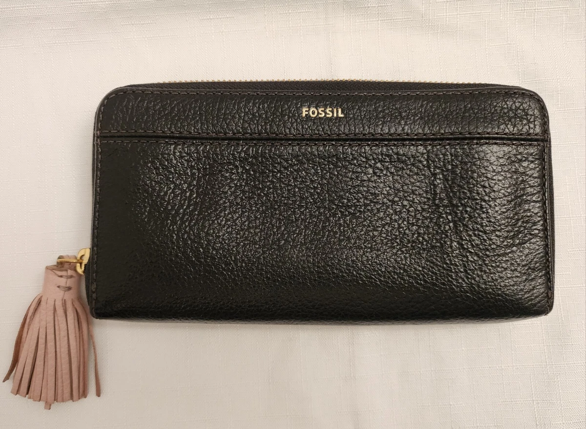FOSSIL Tara Tassel Clutch Wallet Zip Around Black Pebbled Leather