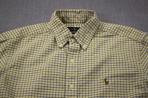 Ralph Lauren Polo Mens Yellow Blue & White Checker Brown Pony Button Shirt M